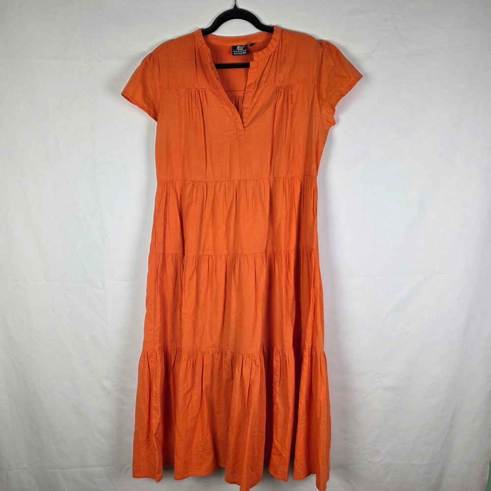 Madison Mathews Womens Orange Tiered Cotton Midi Dress Split Neck Pockets L